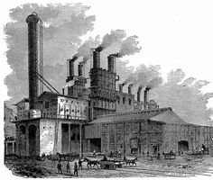 an old factory with horses and carriages in the foreground, vintage line drawing or engraving