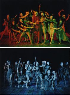 two photographs of dancers on stage and in the same photo, each with their hands up