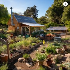 an outdoor garden with lots of plants and rocks in front of a wooden building that has a solar panel on the roof