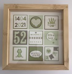 a wooden frame with pictures and numbers on it