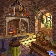 a drawing of a living room with an oven in the corner and lots of food on the table