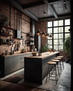 an industrial style kitchen with brick walls and wooden flooring is pictured in this image