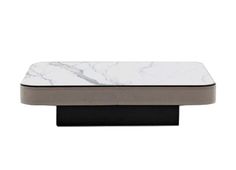 an image of a white marble and black metal coffee table with square base on the top