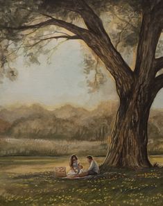 a painting of two people sitting under a large tree in the middle of a field