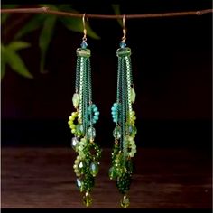 New Bohemian Handcrafted Beaded Tassel Vintage Ethnic Green Crystal Dangle Drop Earrings. Measurements Are Pictured. Beaded Chandelier Earrings, New Bohemian, Green Crystal, Beaded Tassels, Earrings Color, Green Crystals, Chandelier Earrings, Tassels, Dangle Drop Earrings