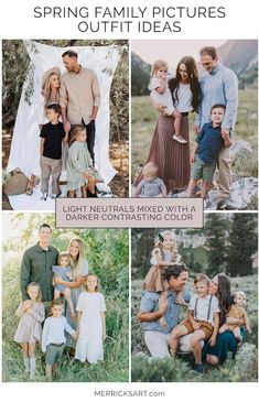 family pictures with text overlay that says, spring family pictures outfit ideas light neutrals mixed with a darker contouring color