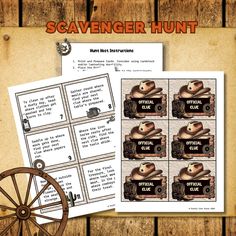 the scavenger hunt is on display next to an old wooden wheel and paper