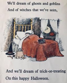 a sign with an image of a bed and a cat on it that says, we'll dream of ghosts and gobins and of witches that we've seen