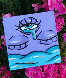 a painting of an eye floating in the water with pink flowers behind it and purple background