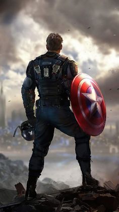 a man with a captain america shield standing on top of a pile of rubble in front of a cloudy sky