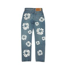 Levi's x Denim Tears 'Cotton Wreath' jeans in a medium blue wash with an all-over white floral painted pattern with copper hardware. Brand = Levi's Size = 27 Condition = 10/10, Brand new Material = Cotton SKU = 23325-10 Cheap Spring Jeans With Letter Print, Denim Tears Jeans, Denim Tears, Copper Hardware, Cotton Wreath, Torn Jeans, New Material, Denim Jeans Men, Outerwear Sweater