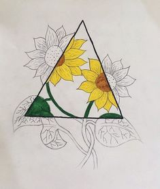 a drawing of sunflowers in a triangle with leaves