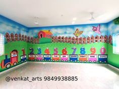 the children's room is decorated with colorful wallpapers and numbers on the walls