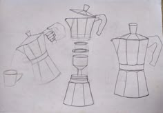 the drawing shows how to draw different types of coffee pots and mugs with their tops pulled back