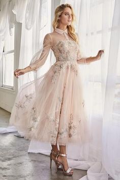 Long Sleeve Collared Button Up Tea Length Dress – Stage 9 Secrets Tea Length Cocktail Dresses, Andrea And Leo, Boho Prom, Tulle Cocktail Dress, Tiered Tulle Skirt, Tea Length Skirt, Beautiful Evening Dresses, A Line Cocktail Dress, Tulle Sleeves