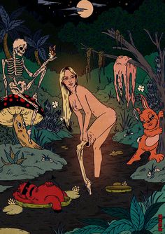 an image of a naked woman in the woods with other animals and plants around her