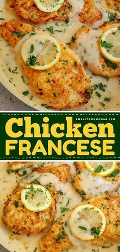 chicken francese with lemons and parsley on top, served in a white sauce