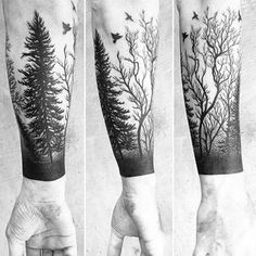 three different views of trees and birds on the arm