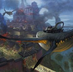 an artist's rendering of a giant dragon flying over a city in the sky