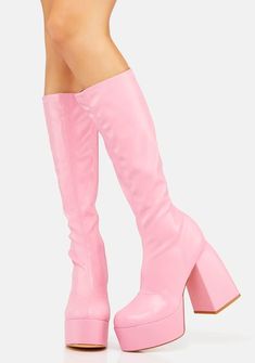 Pink Gogo Boots, Pink Alternative Fashion, Pink Platform Boots, Knee High Wedge Boots, Go Go Boots, Barbie Vibes, Barbie Outfits, Pink Platforms, Knee High Heels