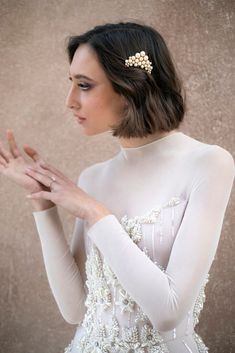 Shira | Bridal Hair Adornments | Hushed Commotion Art Deco Bride, Rebecca Schoneveld, Beaded Hair Clips, Pearl Headpiece, Ivory Earrings, Starburst Earrings, Wedding Hair Comb, Laser Cut Earrings, Hair Adornments