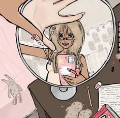 a drawing of a woman taking a selfie in the mirror with her cell phone