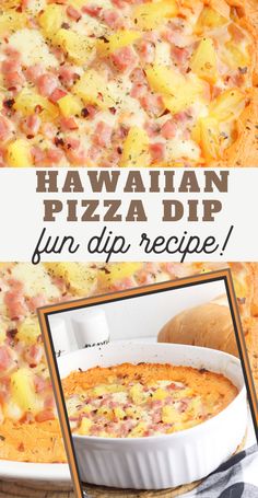 hawaiian pizza dip recipe with pineapples and ham in the middle on a white plate