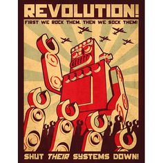 an old propaganda poster with a red robot on it's back and the words revolution behind it