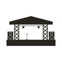 an outdoor concert stage with speakers and microphones on the stands, black and white illustration