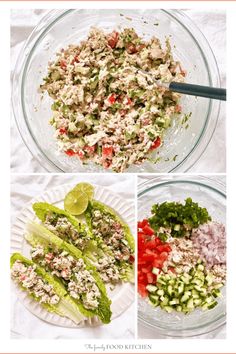 four pictures show the steps to make chicken salad with lettuce, tomatoes and cucumbers