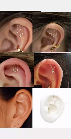 four images of different types of ear piercings in various shapes and sizes, including one with