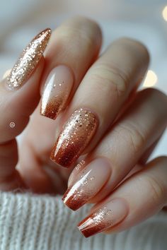 Soft mocha nails with ombre glitter tips blend warmth with sparkle, creating a stunning gradient effect. Click for more! White Fall Nails Acrylic, Ombre Fall Nails 2024, Gold Ombre Nails Almond, Extension Nails Ideas, Cute Ombre Nail Designs, Short Nails Fall Designs, Ombre Fall Nails Acrylic, Neutral Nails With Accent, Brown Ombre Nails Acrylic