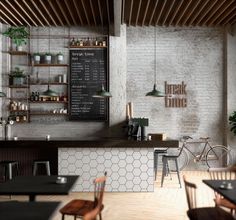 an empty restaurant with wooden tables and chairs