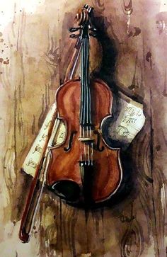 a painting of a violin with music notes on the back and strings attached to it