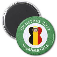 a christmas badge with the number 8 on it, and an angel holding a flag