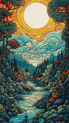 a painting of a river surrounded by trees and clouds with the sun in the background