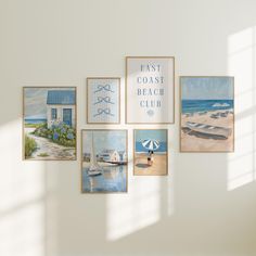 a white wall with several paintings hanging on it's side and the words east coast beach club above them