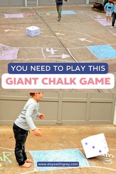 two children playing with giant chalk paint on the ground in front of a building and an advertisement that says, you need to play this giant chalk game