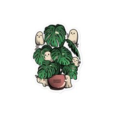 a potted plant with ghost stickers on the top and bottom, in front of a white background