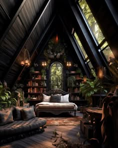 an attic bedroom with lots of plants and furniture