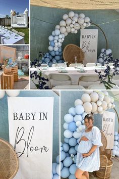 a collage of photos with baby in bloom balloons