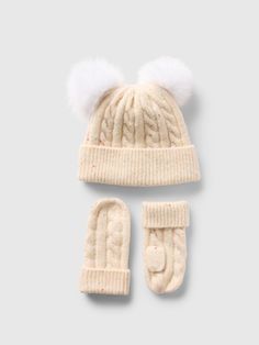 Soft knit beanie and mittens set.  Fuzzy poms at top.  Ribbed cuffs.  For more fit and sizing info, check out our Size Chart. Toddler Hats, The Mitten, Cable Knit Hat, Baby Mittens, Bobble Hat, Toddler Accessories, Knit Texture, Toddler Hat, Bobble Hats