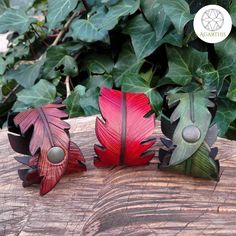 three red and green leaves sitting on top of a piece of wood next to plants