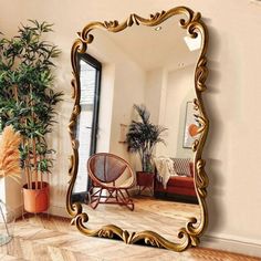 a large mirror sitting on top of a wooden floor next to a potted plant