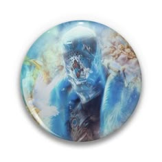 a button with an image of a man in blue