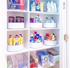 an organized pantry filled with cleaning products and other household care items, including detergents