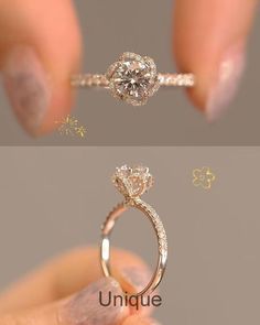 two different views of a diamond ring being held by someone's hand with the words unique written on it