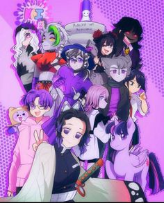 an image of some anime characters with purple hair and black cats in the background,