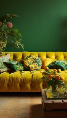 a living room with green walls, yellow couch and flowers in vases on the coffee table