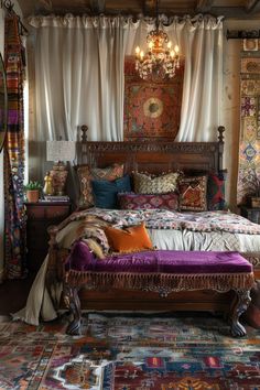 a bedroom with a bed, rugs and chandelier hanging from the ceiling